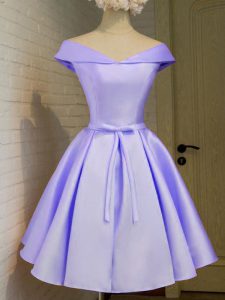 Inexpensive Lavender Lace Up Dama Dress for Quinceanera Belt Cap Sleeves Knee Length