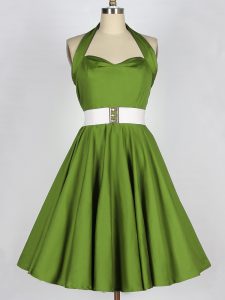 Olive Green A-line Taffeta Halter Top Sleeveless Belt Knee Length Lace Up Court Dresses for Sweet 16