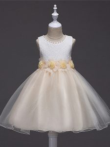 Pretty Champagne Zipper Kids Formal Wear Lace and Hand Made Flower Sleeveless Knee Length