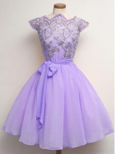 Lavender A-line Scalloped Cap Sleeves Chiffon Knee Length Lace Up Lace and Belt Vestidos de Damas