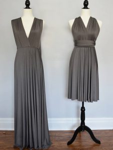 High Class Grey Empire Chiffon V-neck Sleeveless Ruching Floor Length Lace Up Damas Dress