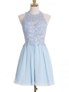 Halter Top Sleeveless Dama Dress for Quinceanera Knee Length Appliques Light Blue Chiffon