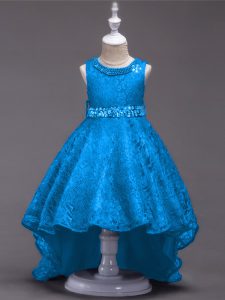 Admirable High Low Lace Up Little Girls Pageant Gowns Blue for Wedding Party with Beading