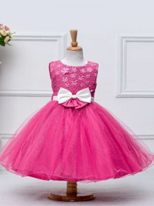 Scoop Sleeveless Kids Formal Wear Knee Length Lace and Bowknot Hot Pink Tulle