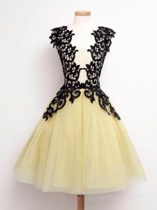 Custom Design Gold A-line Lace Dama Dress for Quinceanera Lace Up Tulle Sleeveless Knee Length