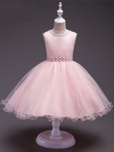 New Arrival Baby Pink Organza Zipper Scoop Sleeveless Knee Length Kids Pageant Dress Beading