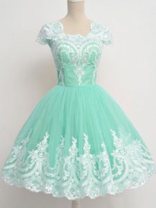 Stunning Apple Green Tulle Zipper Vestidos de Damas Cap Sleeves Knee Length Lace