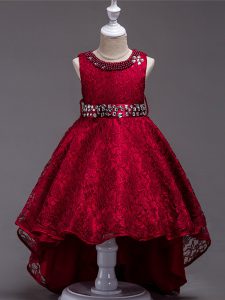 Wine Red Sleeveless Lace Lace Up Kids Formal Wear for Wedding Party