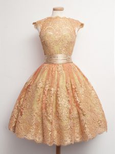 Glittering Gold Lace Up High-neck Belt Quinceanera Court Dresses Lace Cap Sleeves