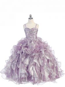 Sleeveless Organza Floor Length Lace Up Kids Formal Wear in Lavender with Beading and Ruffles