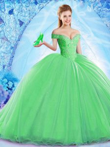 Green Ball Gowns Beading Ball Gown Prom Dress Lace Up Organza Sleeveless
