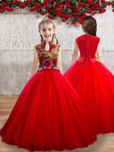 Red Little Girls Pageant Dress Party and Wedding Party with Appliques High-neck Sleeveless Lace Up