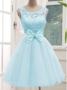 Noble Tulle Scoop Sleeveless Lace Up Lace Dama Dress for Quinceanera in Aqua Blue