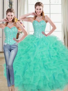 Hot Sale Turquoise Lace Up Sweetheart Beading and Ruffled Layers Ball Gown Prom Dress Organza Sleeveless Brush Train