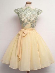 Champagne A-line Lace and Belt Dama Dress for Quinceanera Lace Up Chiffon Cap Sleeves Knee Length