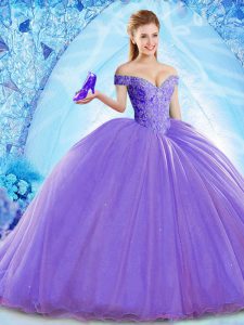Flare Lavender Sleeveless Organza Brush Train Lace Up Quinceanera Dresses for Military Ball and Sweet 16 and Quinceanera