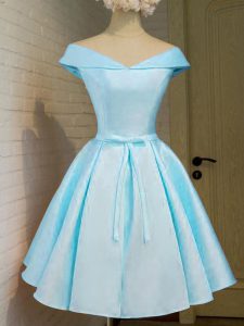 Colorful Aqua Blue A-line Belt Court Dresses for Sweet 16 Lace Up Taffeta Cap Sleeves Knee Length