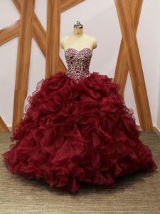 Brush Train Ball Gowns 15 Quinceanera Dress Burgundy Sweetheart Organza Sleeveless Lace Up