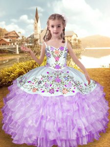 Lilac Ball Gowns Organza and Taffeta Straps Sleeveless Embroidery and Ruffled Layers Floor Length Lace Up Pageant Gowns For Girls