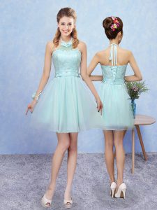 High Class Aqua Blue Halter Top Lace Up Lace Quinceanera Court of Honor Dress Sleeveless