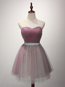Pretty Pink Lace Up Quinceanera Dama Dress Beading and Ruching Sleeveless Mini Length