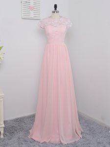 Short Sleeves Chiffon Floor Length Zipper Quinceanera Court Dresses in Baby Pink with Lace