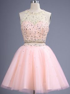 Flirting Tulle Scoop Sleeveless Lace Up Beading Quinceanera Dama Dress in Peach