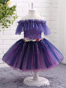 Simple Purple Short Sleeves Knee Length Beading and Hand Made Flower Lace Up Little Girls Pageant Dress Wholesale