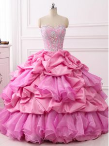 Noble Sweetheart Sleeveless Quinceanera Dress Floor Length Beading and Ruffles and Pick Ups Rose Pink Organza and Taffeta