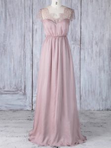 Best Pink Empire Lace Dama Dress Clasp Handle Chiffon Short Sleeves Floor Length