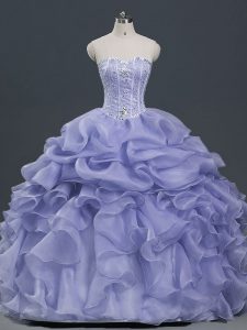 Custom Made Sweetheart Sleeveless Sweet 16 Dresses Floor Length Beading and Ruffles and Pick Ups Lavender Organza