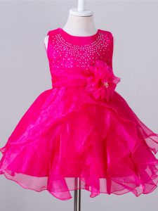 Custom Made Sleeveless Organza Knee Length Zipper Kids Pageant Dress in Hot Pink with Beading and Hand Made Flower