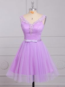 Lilac Quinceanera Court of Honor Dress Prom and Party and Wedding Party with Appliques and Belt V-neck Sleeveless Lace Up
