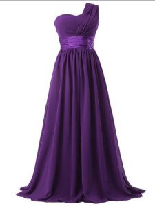One Shoulder Sleeveless Lace Up Dama Dress for Quinceanera Purple Chiffon