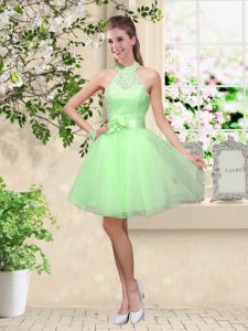 A-line Lace and Belt Vestidos de Damas Lace Up Tulle Sleeveless Knee Length