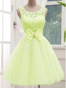 Knee Length Yellow Green Court Dresses for Sweet 16 Tulle Sleeveless Lace and Bowknot