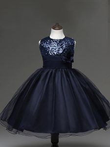 Navy Blue Tulle Zipper Little Girls Pageant Dress Sleeveless Knee Length Sequins and Hand Made Flower