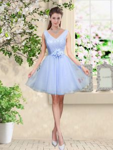 V-neck Sleeveless Tulle Dama Dress Lace and Belt Lace Up