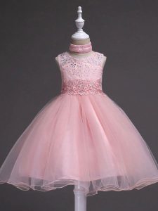Nice Sleeveless Knee Length Beading and Appliques Zipper Kids Pageant Dress with Baby Pink