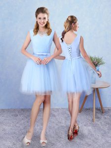 Custom Made Ruching Quinceanera Dama Dress Aqua Blue Lace Up Sleeveless Knee Length