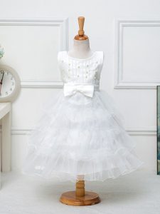 White Ball Gowns Ruffled Layers and Bowknot Little Girl Pageant Gowns Zipper Organza Sleeveless Tea Length