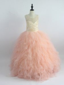 Scoop Sleeveless Little Girls Pageant Dress Wholesale Floor Length Appliques and Ruffles Peach Tulle