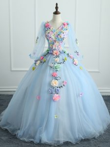 Sophisticated Long Sleeves Lace Up Floor Length Appliques and Hand Made Flower Ball Gown Prom Dress