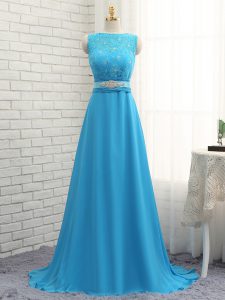 Gorgeous Baby Blue Sleeveless Chiffon Brush Train Zipper Quinceanera Court Dresses for Prom and Party