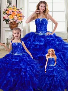 Ball Gowns 15 Quinceanera Dress Royal Blue Strapless Organza Sleeveless Floor Length Lace Up
