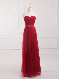 Traditional Wine Red Empire Sweetheart Sleeveless Tulle and Lace Floor Length Lace Up Belt Damas Dress