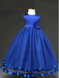 Royal Blue Ball Gowns Scoop Sleeveless Tulle Floor Length Zipper Hand Made Flower Kids Formal Wear