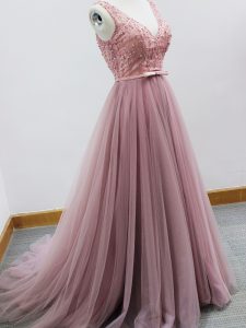 High End Tulle V-neck Sleeveless Brush Train Zipper Beading and Belt Quinceanera Court Dresses in Pink