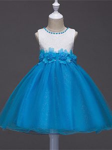 Baby Blue Ball Gowns Lace and Hand Made Flower Pageant Gowns For Girls Zipper Tulle Sleeveless Knee Length