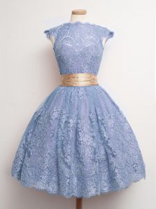 Lace High-neck Cap Sleeves Lace Up Belt Quinceanera Court Dresses in Blue